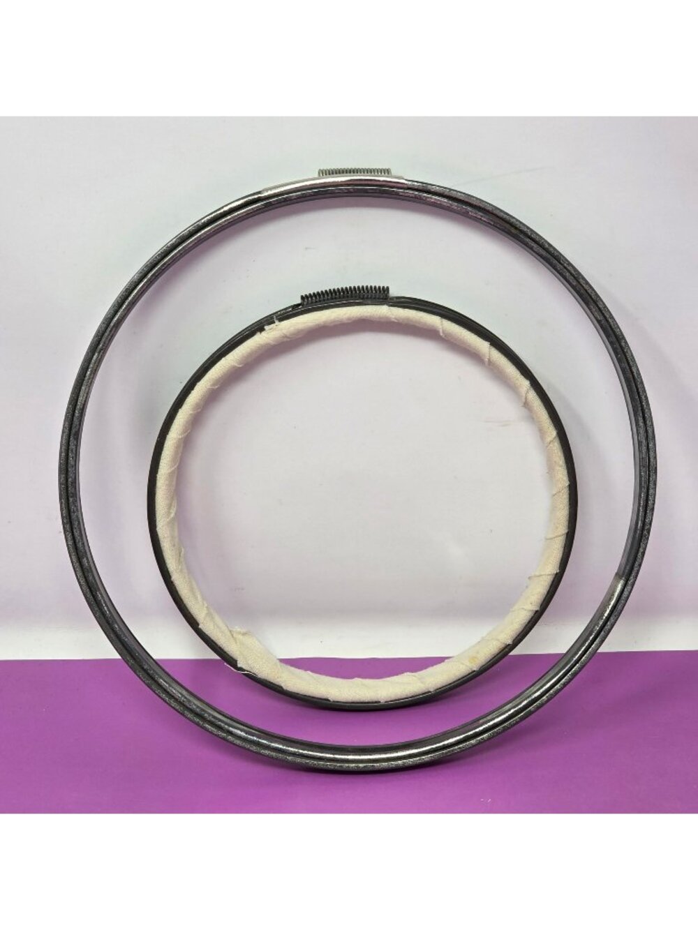 2 Vintage Metal Embroidery Hoops Wrapped In Cloth For Secure Fabric Gripping